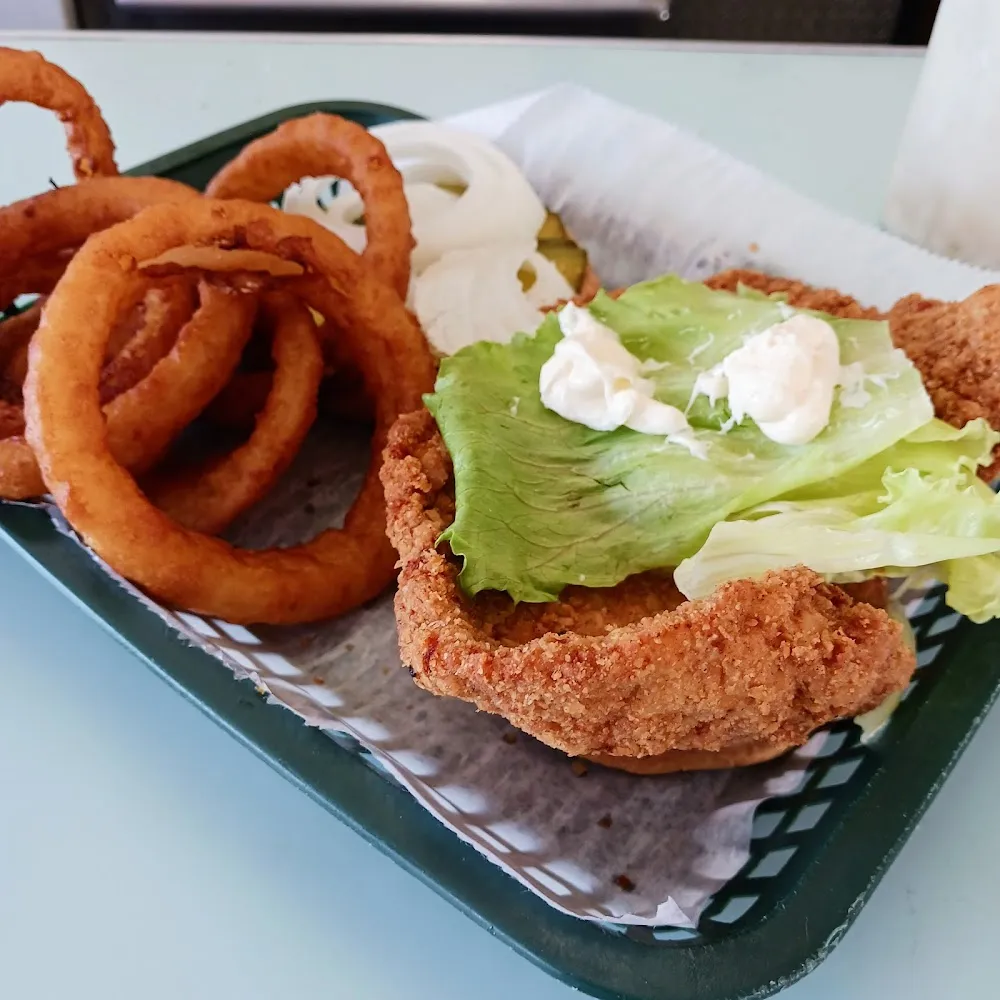 Onion Rings and Pork Tenderloin Sandwich